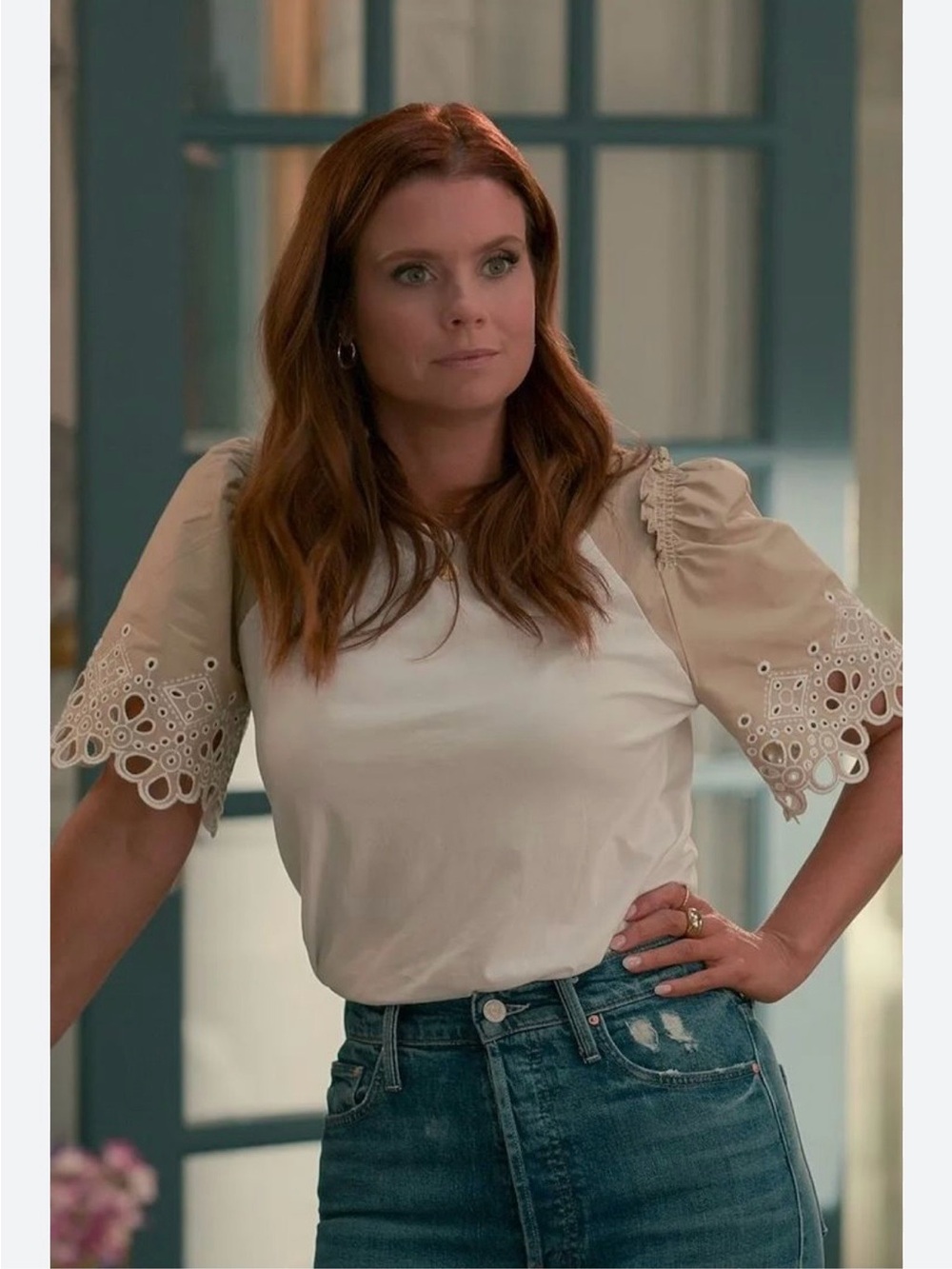 Veronica Beard Briana Top with Beige Eyelet Puff Sleeves, size small - Picture 2 of 5